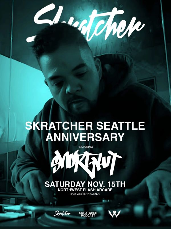 Event poster for Skratcher Seattle Anniversary featuring Smokknut on Nov 15th.