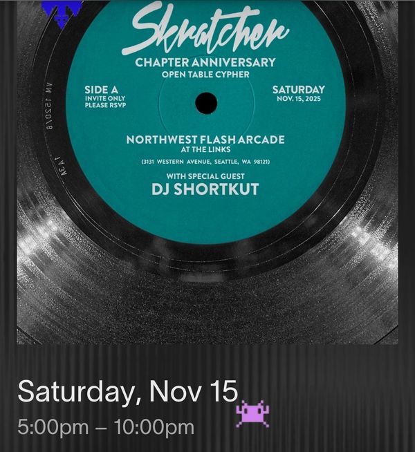 Event flyer on a vinyl record label for Skratcher anniversary.