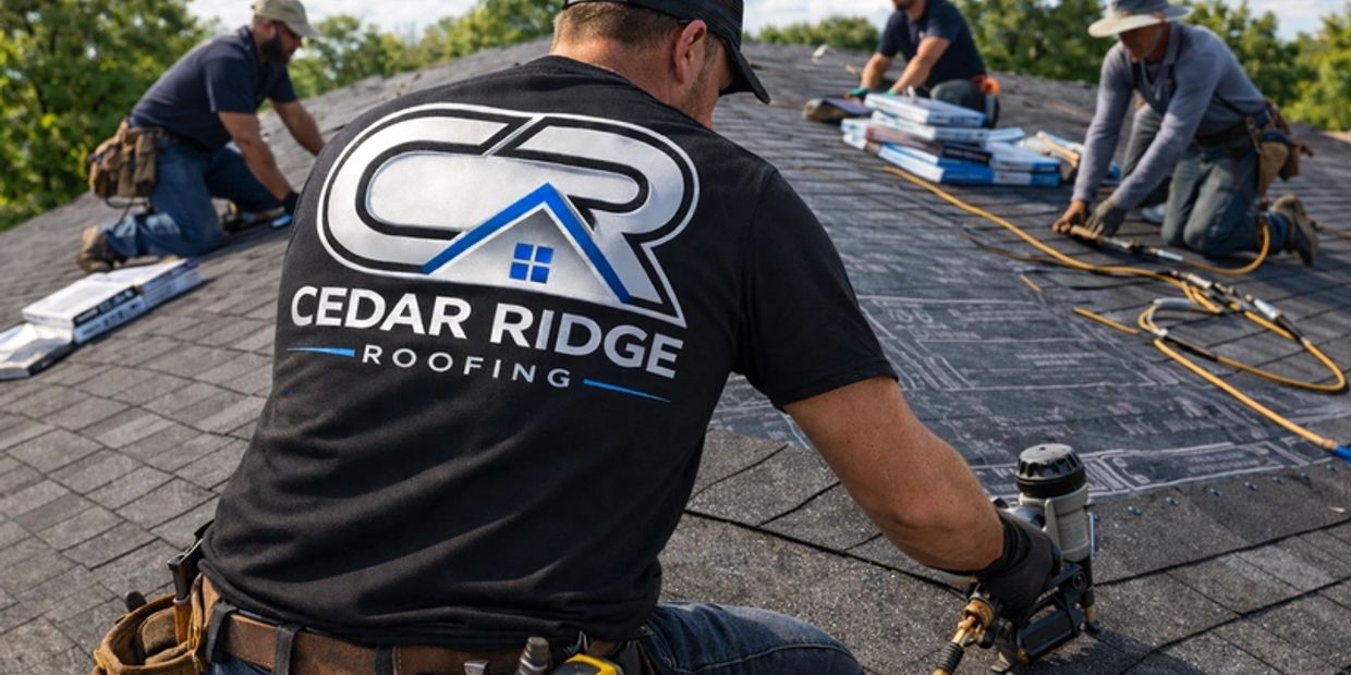 Roofers from Cedar Ridge Roofing working on a house roof.