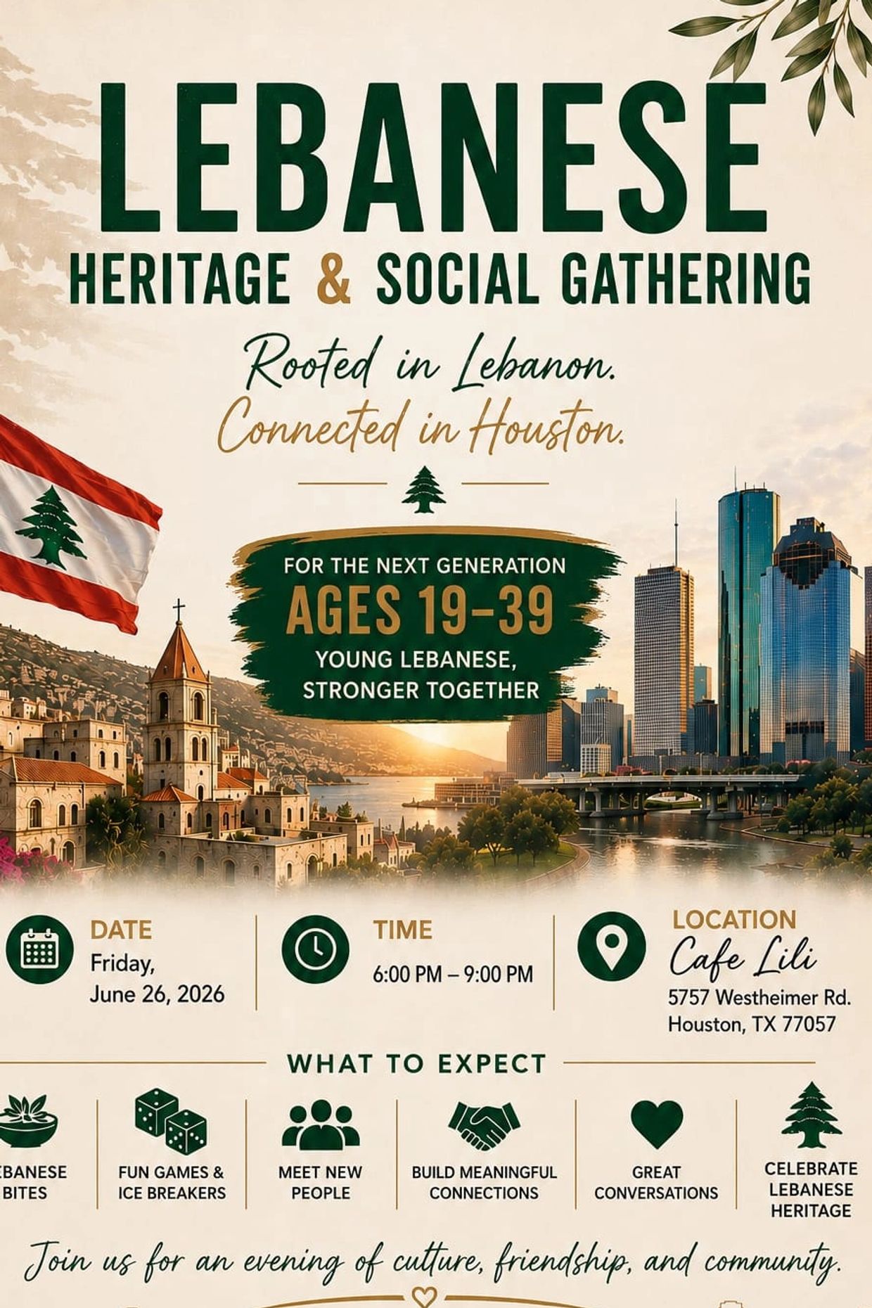 Lebanese heritage and social gathering event in Houston for ages 19-39.