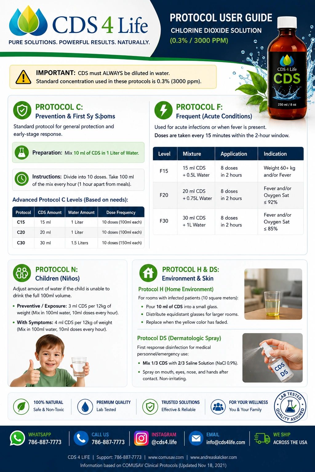 CDS 4 Life chlorine dioxide solution protocol guide for prevention, acute conditions, children, and environment use.