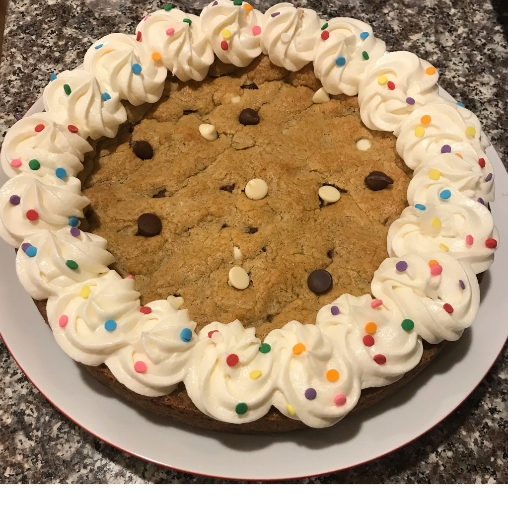 Double chocolate chip cookie cake with semi sweet chips and white choocolate chips