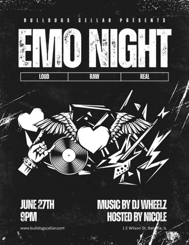 Black and white flyer for Emo Night event with music and DJ details.