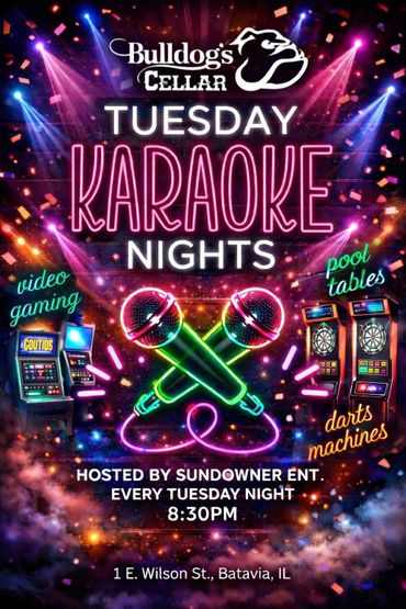 Tuesday Karaoke Nights at Bulldog's Cellar with gaming and darts.