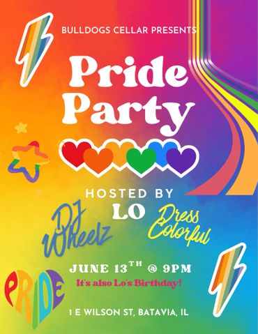 Colorful Pride Party flyer with hearts and rainbow design, hosted by DJ Wheelz and Lo.