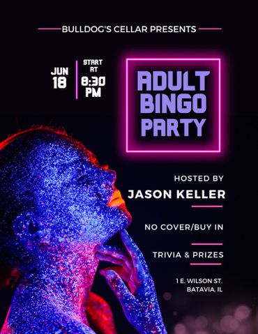 Neon-themed adult bingo party flyer with event details and host name.