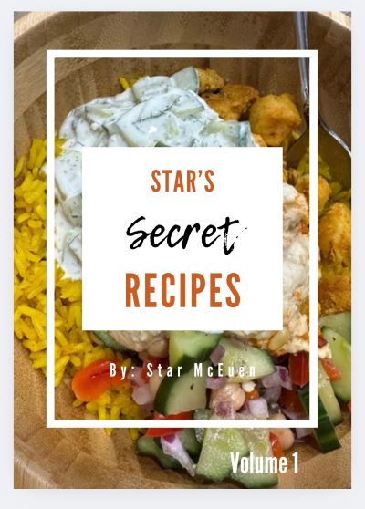 Cover of a recipe book titled "Star's Secret Recipes, Volume 1" featuring a close-up of a meal.