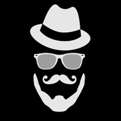 Minimalist icon of a man with a hat, sunglasses, mustache, and beard on a black background.