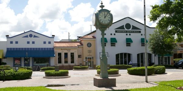 Historic town hall with clock tower in a sunny plaza.