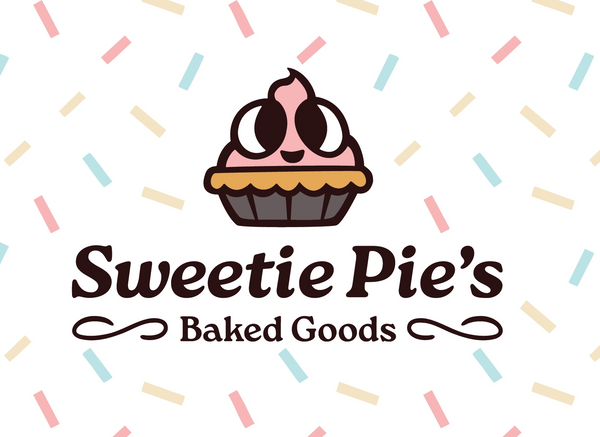 Sweetie Pie's Baked Goods color combination logomark with a confetti background