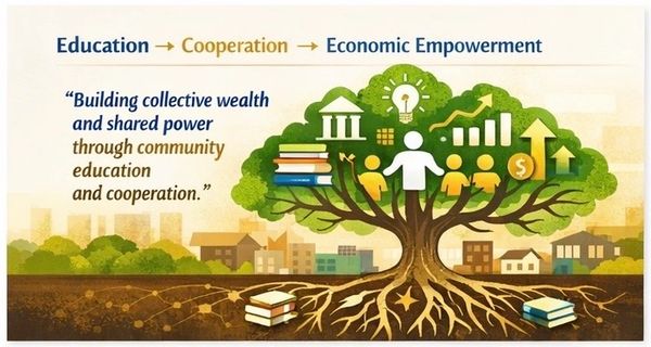 Tree illustration linking education, cooperation, and economic empowerment.