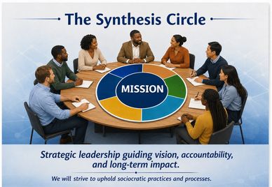 A diverse group discusses strategic leadership around a table with a mission-focused diagram.