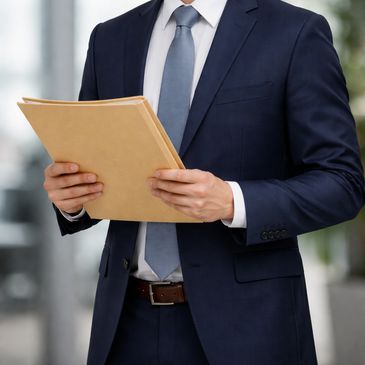 Man in navy suit holding folders, standing outdoors.
