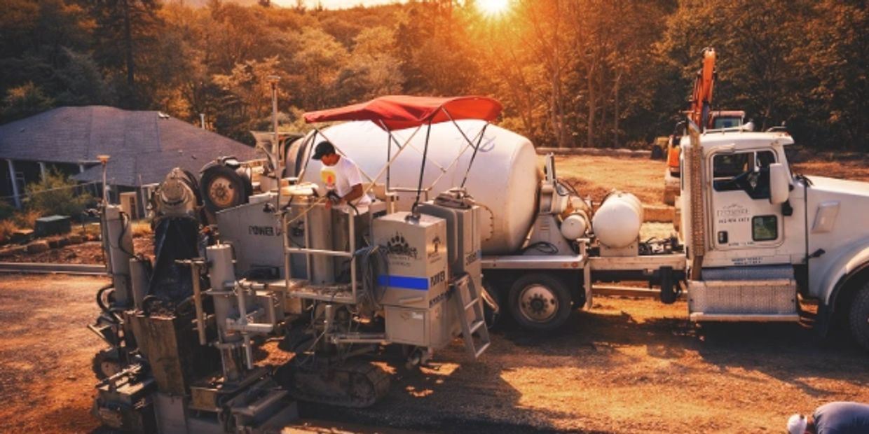 Power Curber 5700D Machine in action pouring concrete curbs in subdivision for Brown Bear Masonry 
