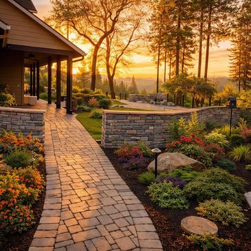 Brown Bear Masonry outdoor living space with pavers and rock retaining walls in Southern Oregon