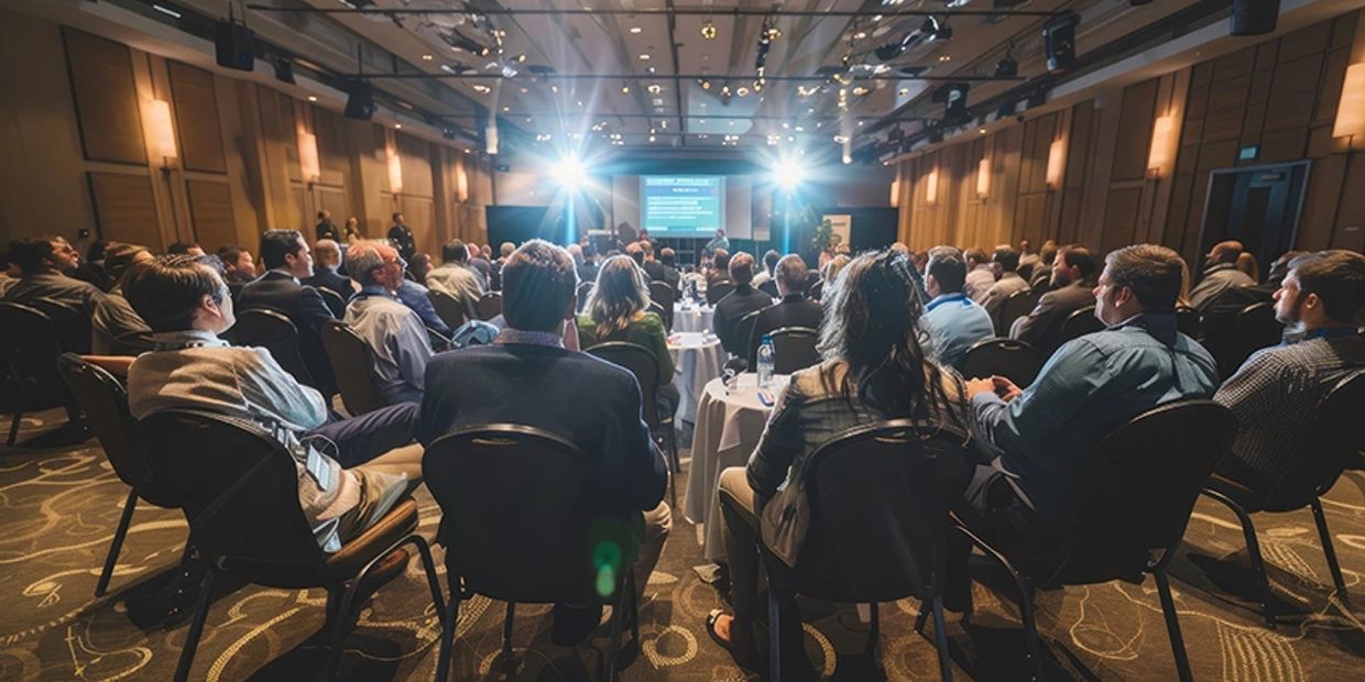 Audience attentively watching a presentation in a conference room.