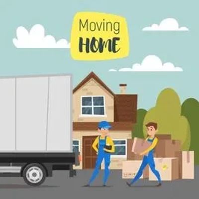 Illustration of professional movers loading a truck in front of a house with the text 'Moving Home'.