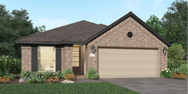 Brick house with a two-car garage and front garden.