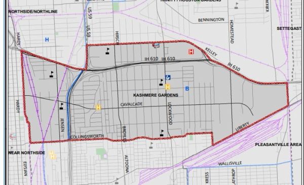 Map of Kashmere Gardens neighborhood with boundaries and key locations.