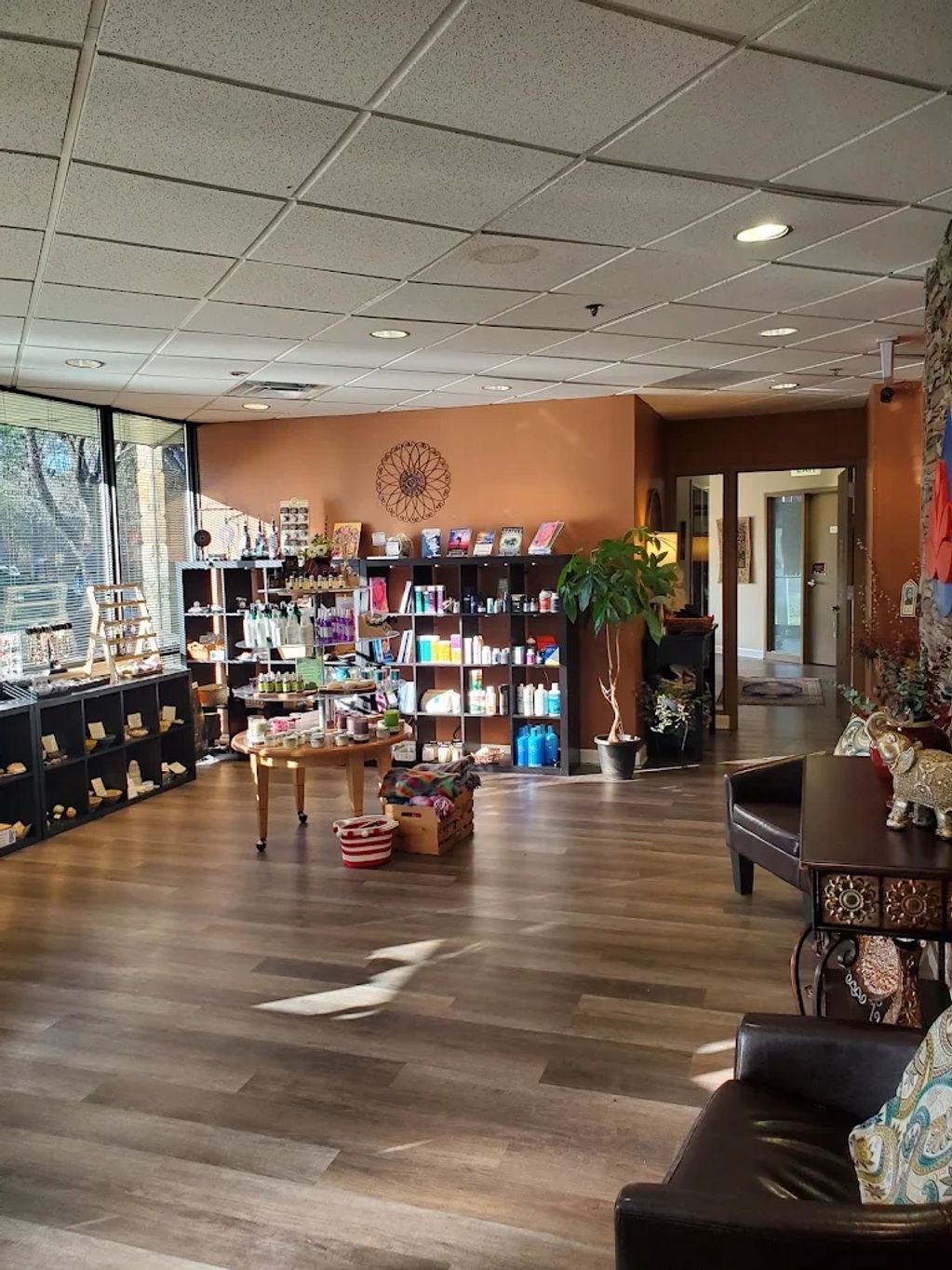 Bright and organized wellness store interior.