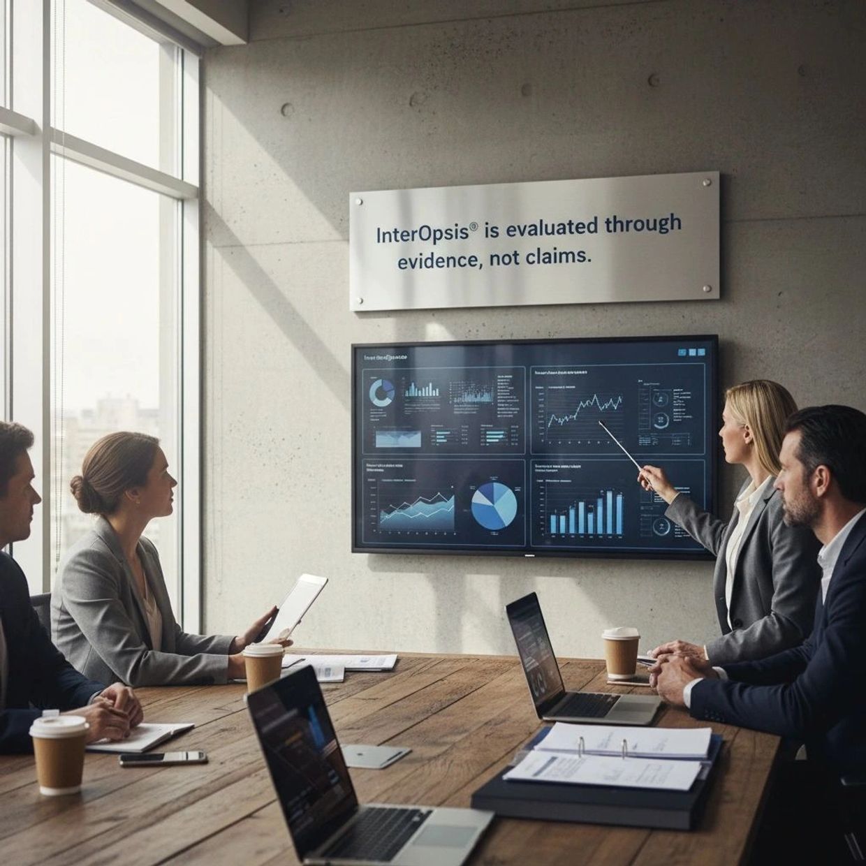 Business meeting with data presentation on a screen and a motivational sign above.