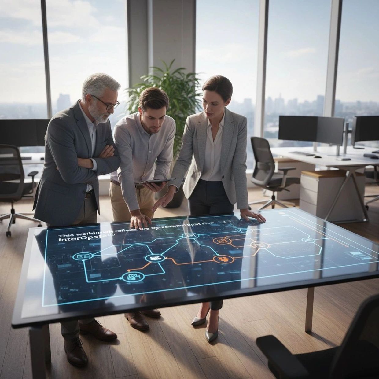 Three professionals collaborating over a futuristic digital interface table in an office.