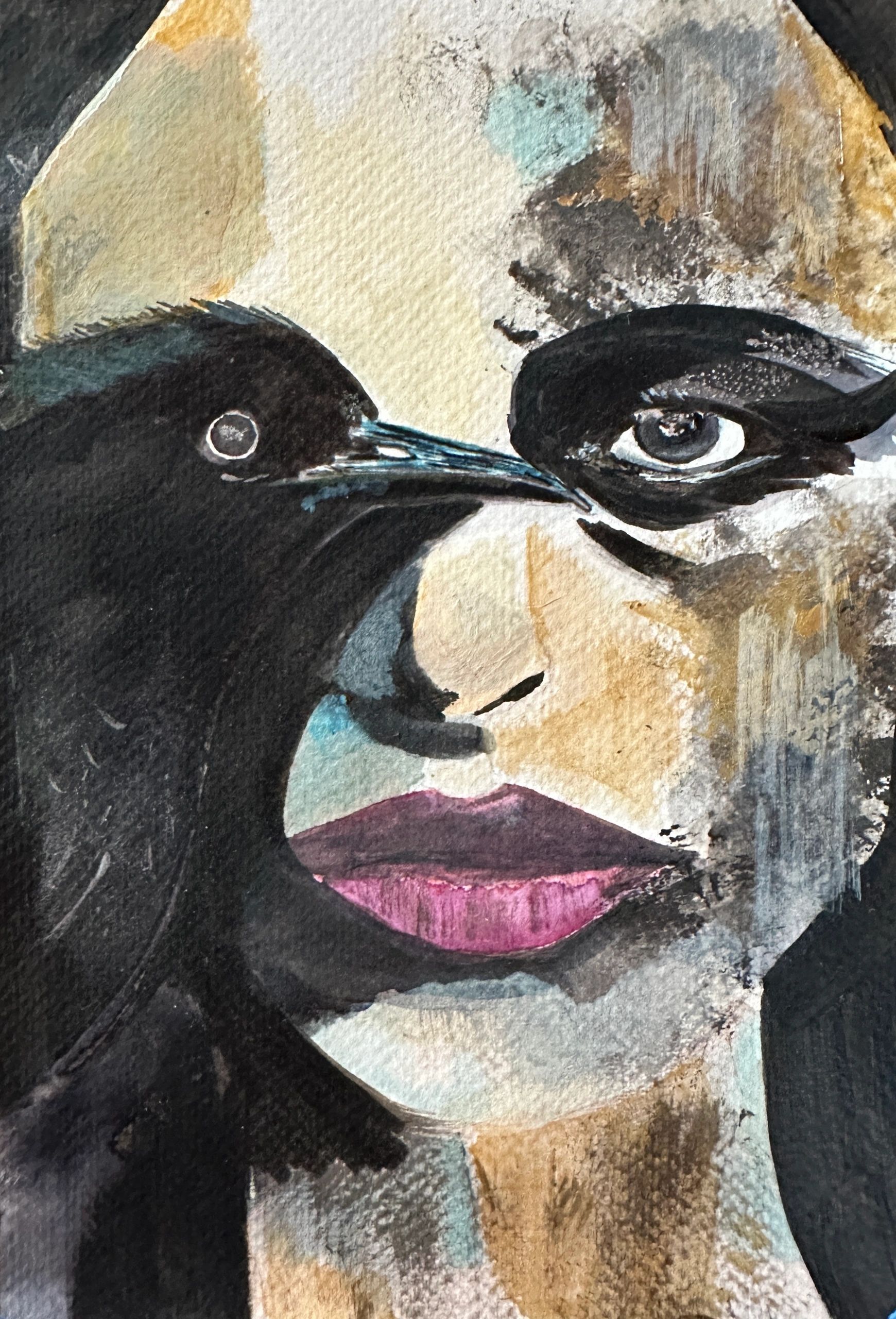 Painting of a bird touching a woman's face.