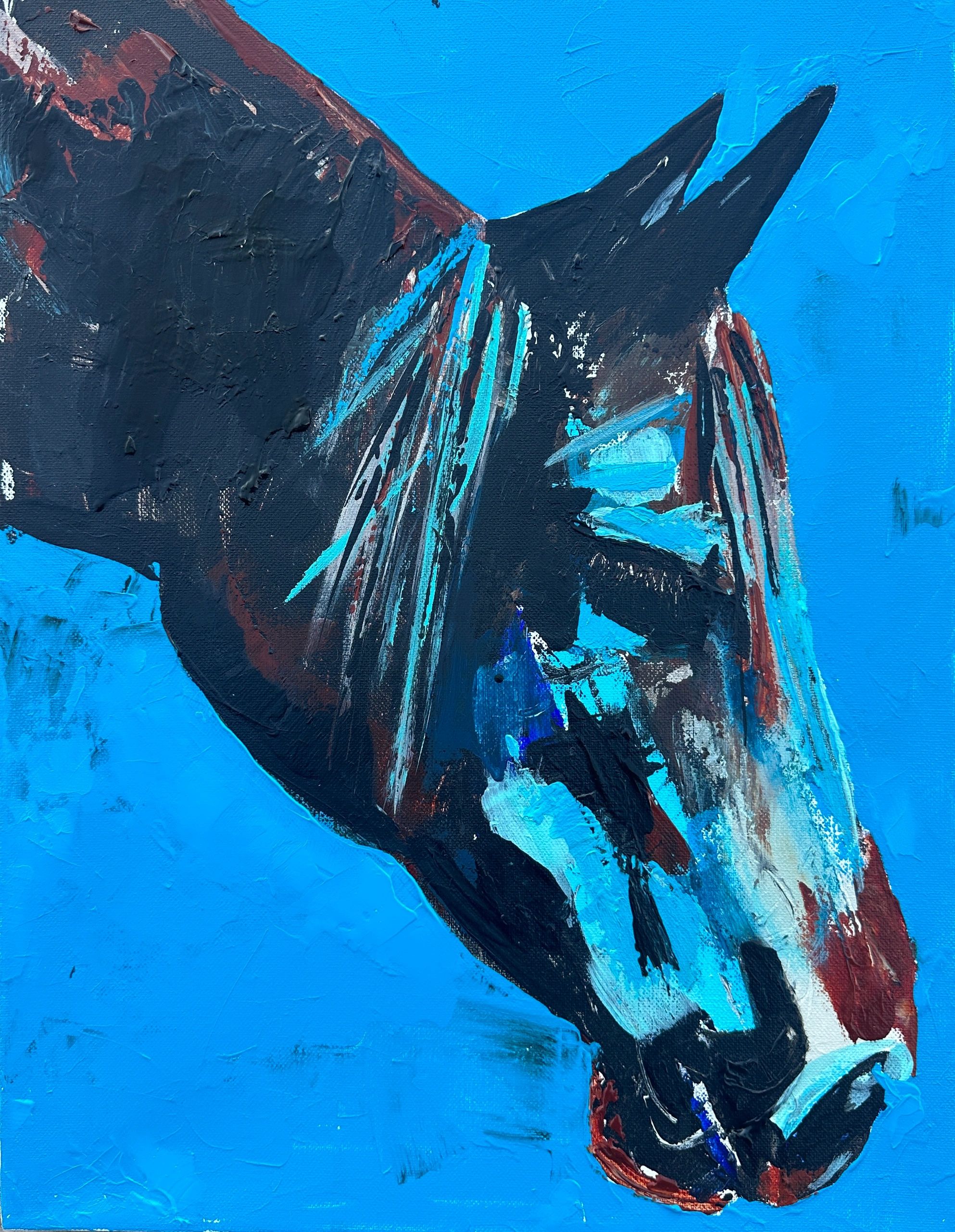 Abstract painting of a bird in blue and black hues.