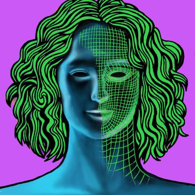 Digital art of a face split between realistic and wireframe styles with green hair.