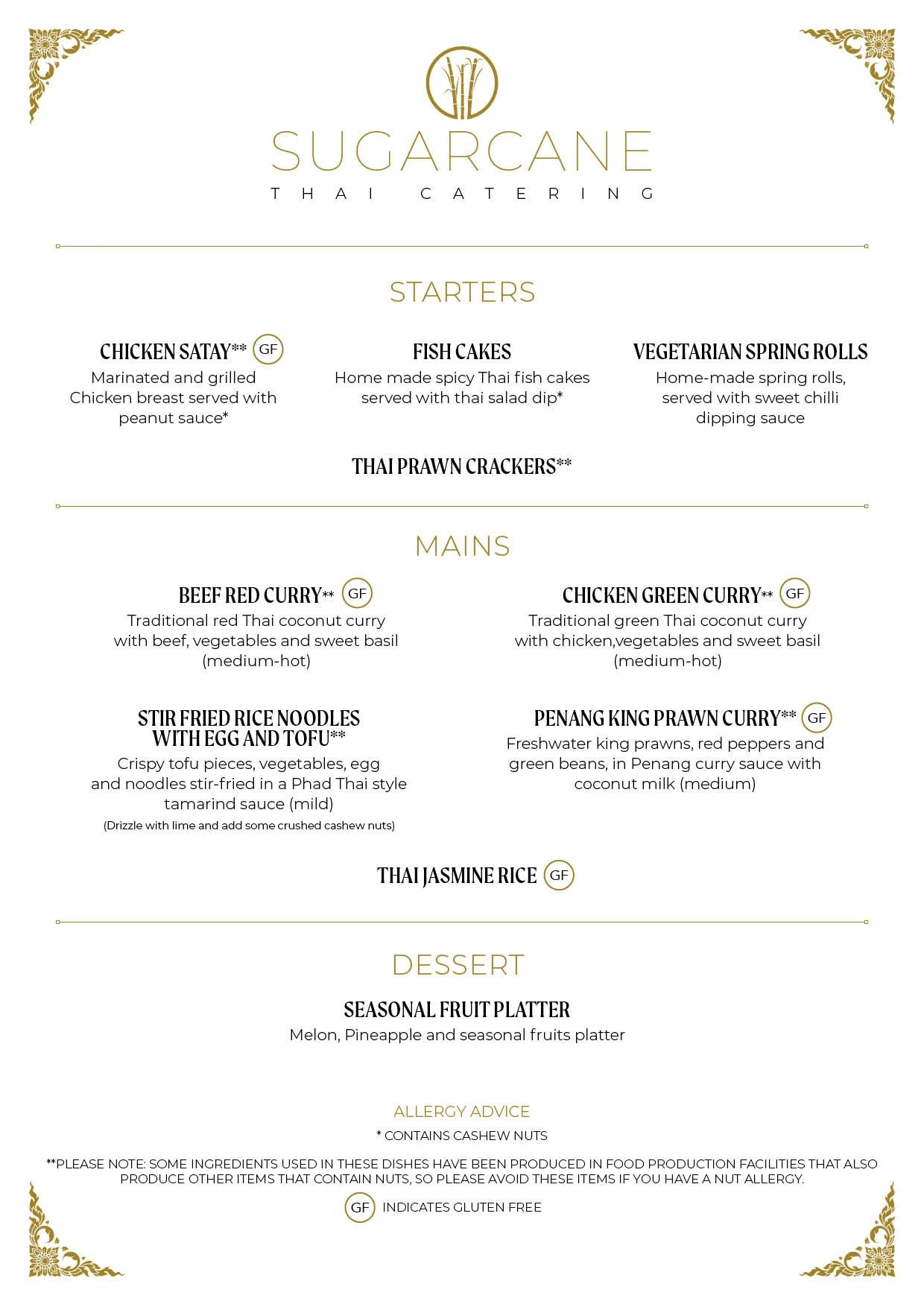 Sample menu from Sugarcane Thai, featuring Green and Red Curries, Satays, spring rolls and lots more