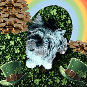 Small dog surrounded by St. Patrick's Day symbols like shamrocks, gold coins, and green hats.