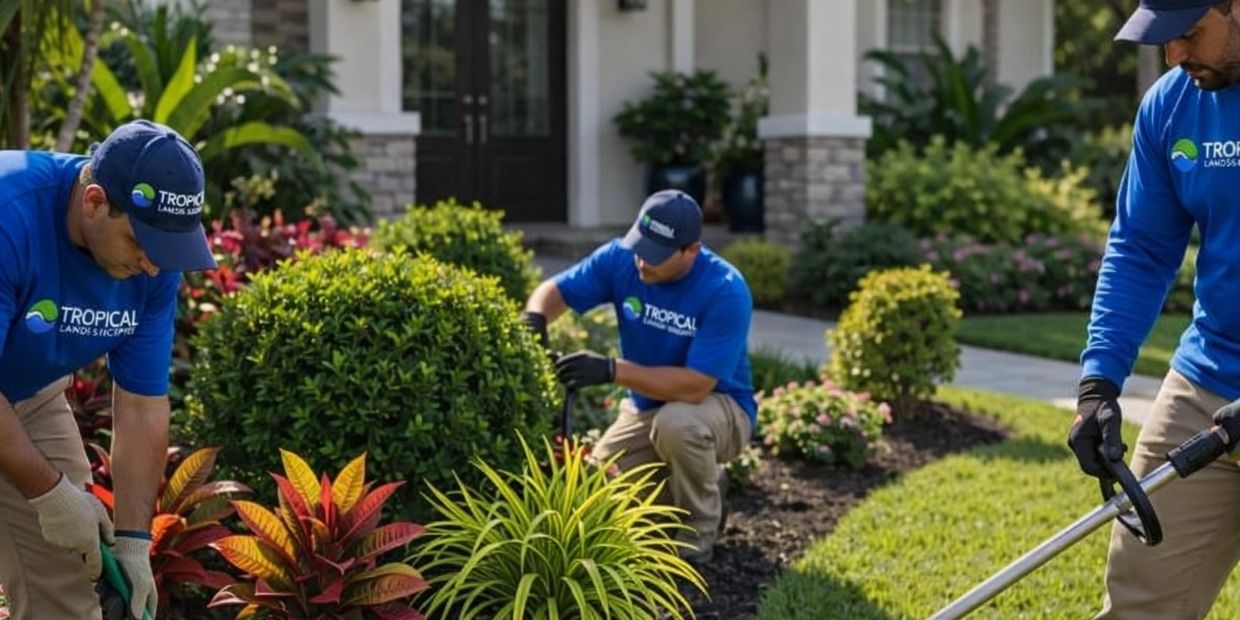 Three landscapers tending a front yard garden with tropical plants.