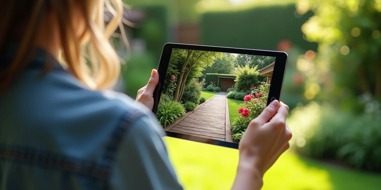 A person holding a tablet showing a garden path with flowers and greenery.