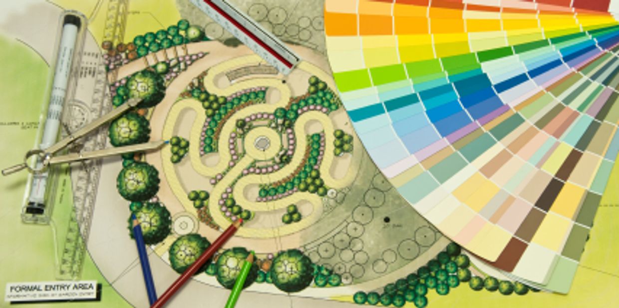 Landscape design plan with color swatches and drawing tools.