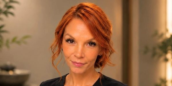 Confident woman with red hair in black scrubs.