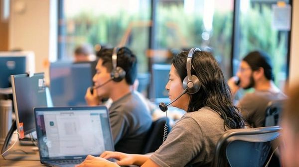 Call center employees working with headsets at computers.
