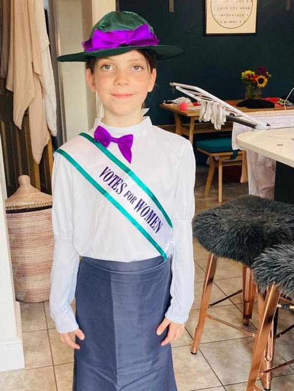 Coco Kemp dressed in her suffragette costume for the Heart of Headcorn Project History Show.