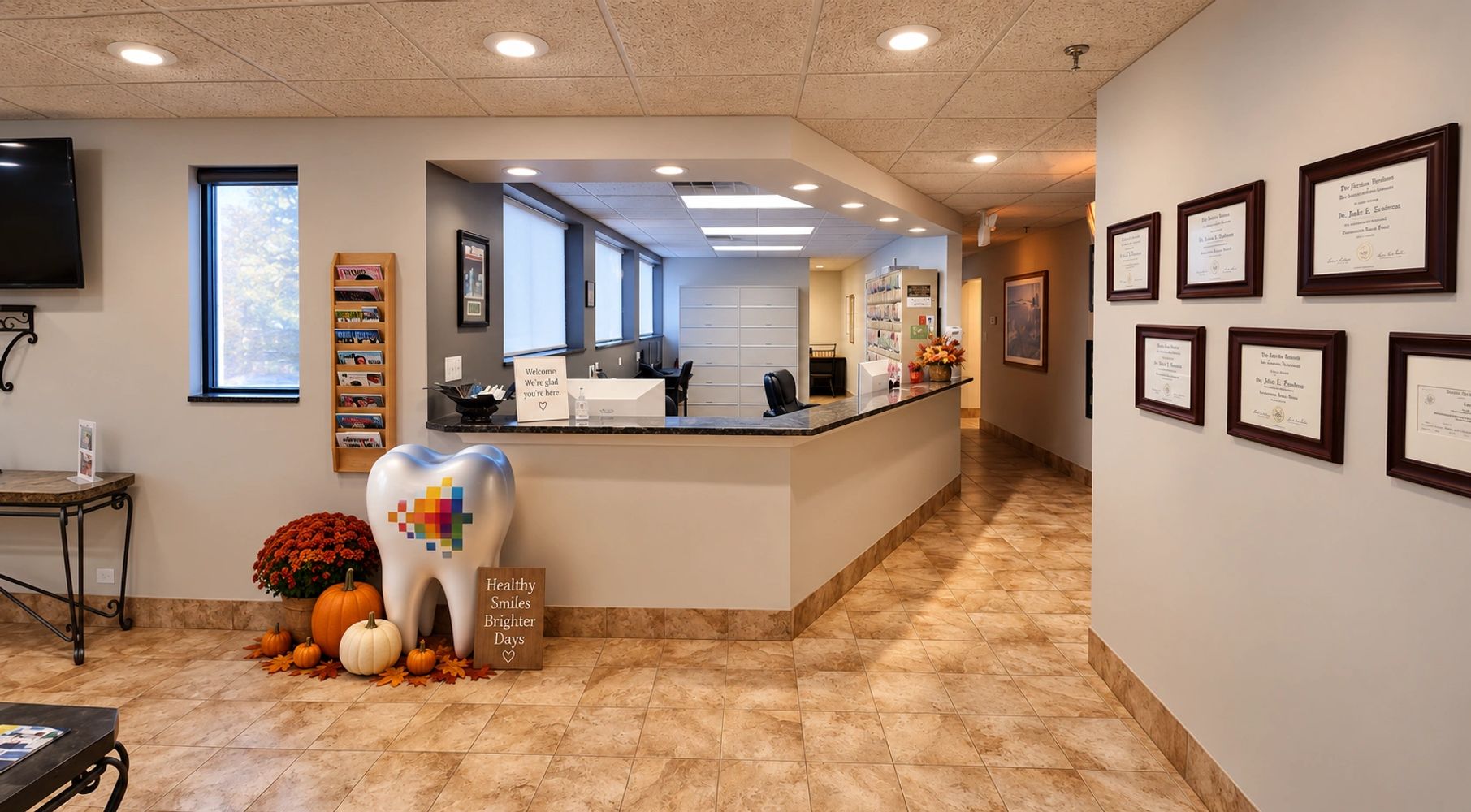 Welcoming reception area at Sullivans Family Dentistry decorated for fall with a pumpkin.