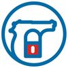 Gun with a locked padlock symbol inside a blue circle.