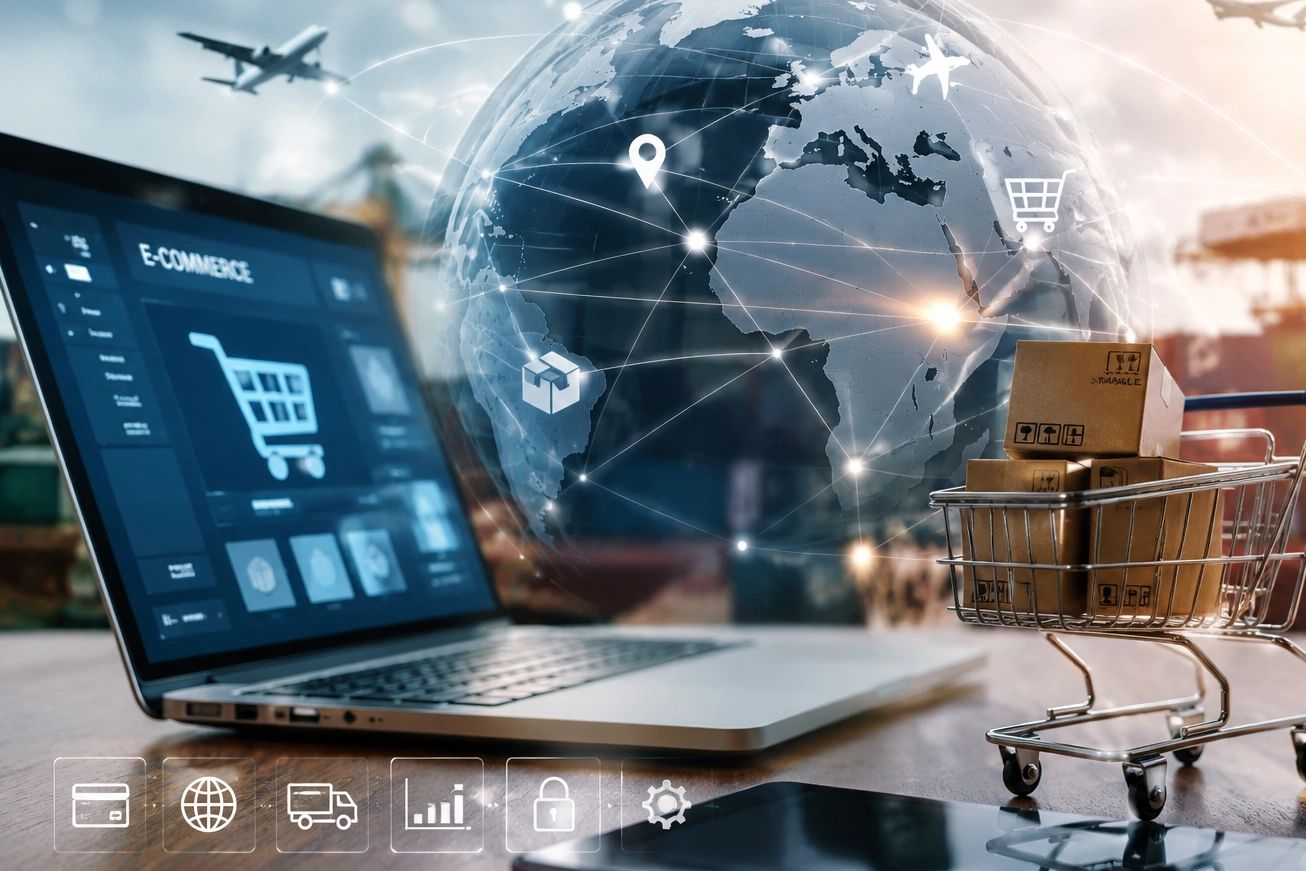 E-ticaret ve küresel lojistik konsepti bilgisayarda ve alışveriş arabasında kutularla.