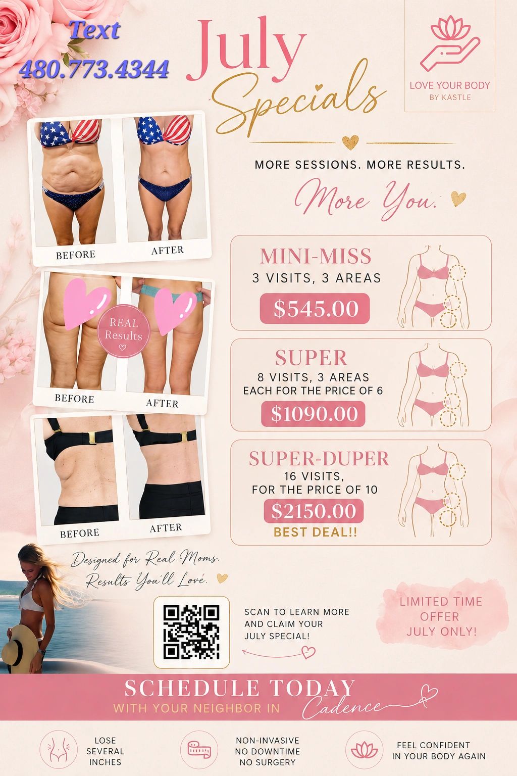 July specials for body contouring with before and after results, multiple visit packages, and limited-time offers.