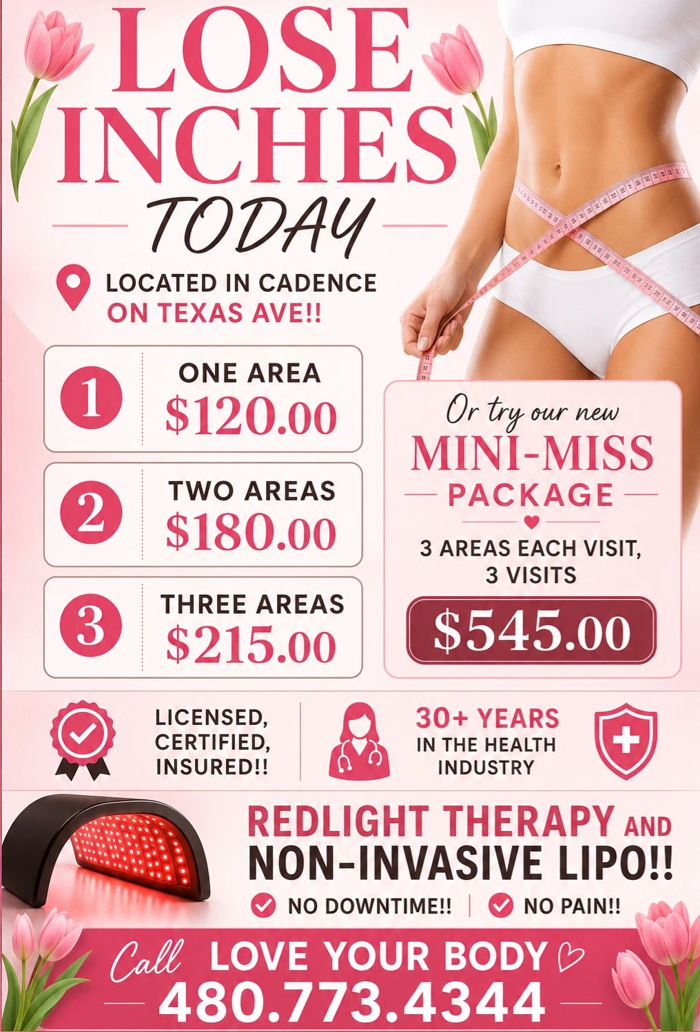Weight loss offers with redlight therapy and non-invasive lipo in Cadence on Texas Ave.