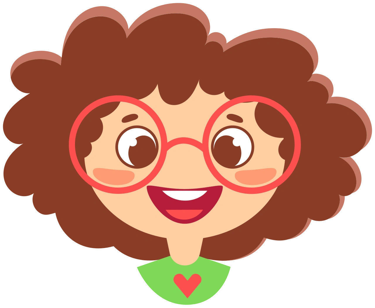 Cartoon face with curly hair and red glasses.
