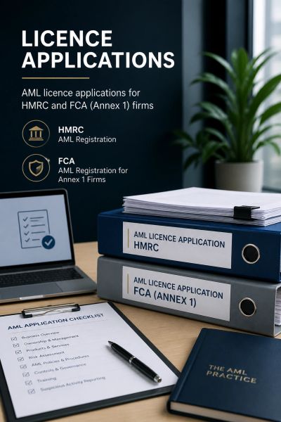 Workspace with AML licence application folders and checklist for HMRC and FCA firms.