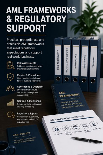 AML frameworks and regulatory support materials on a desk with binders and documents.