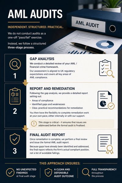 Structured AML audit process with gap analysis, remediation, and final report stages.