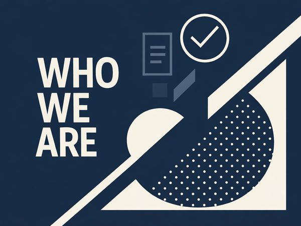 Abstract design with text 'WHO WE ARE' and geometric shapes in blue and white.
