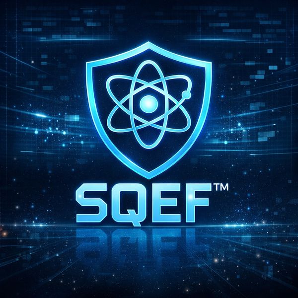 Glowing blue shield with an atomic symbol and the text SQEF on a futuristic digital background.