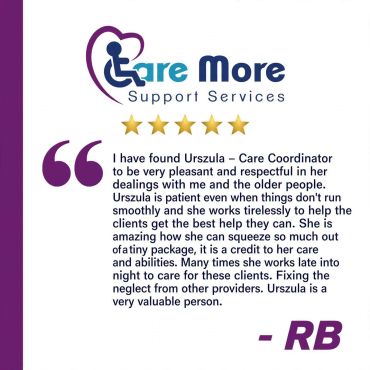 Testimonial praising Urszula's dedication in care services.