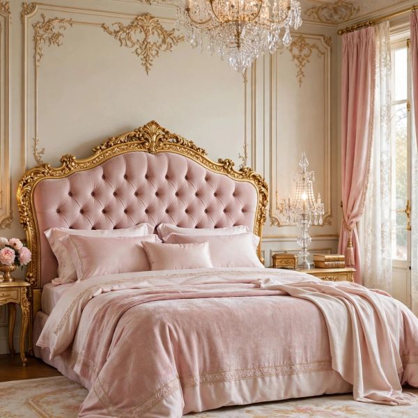 Luxurious vintage bedroom with pink and gold decor.